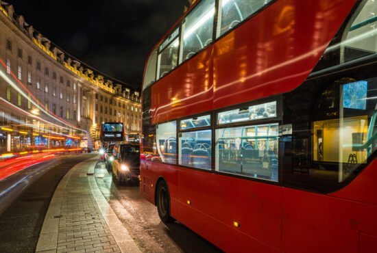London red double decker buses on Regent Street at night