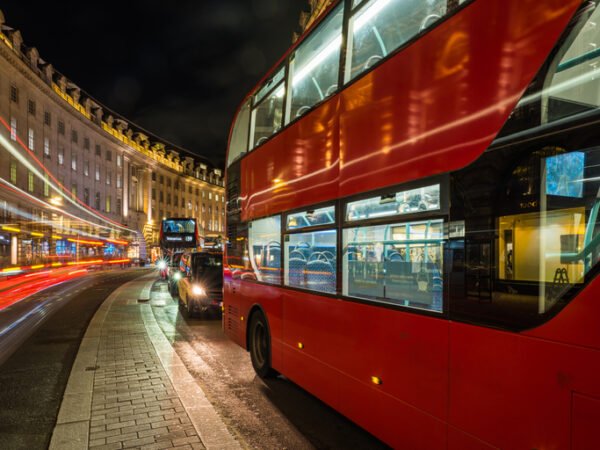 London red double decker buses on Regent Street at night